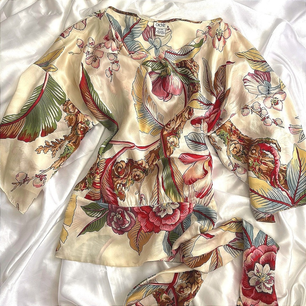 Cache 100% Silk Tropical Floral Wrap Blouse Cream Pink XS 8575860